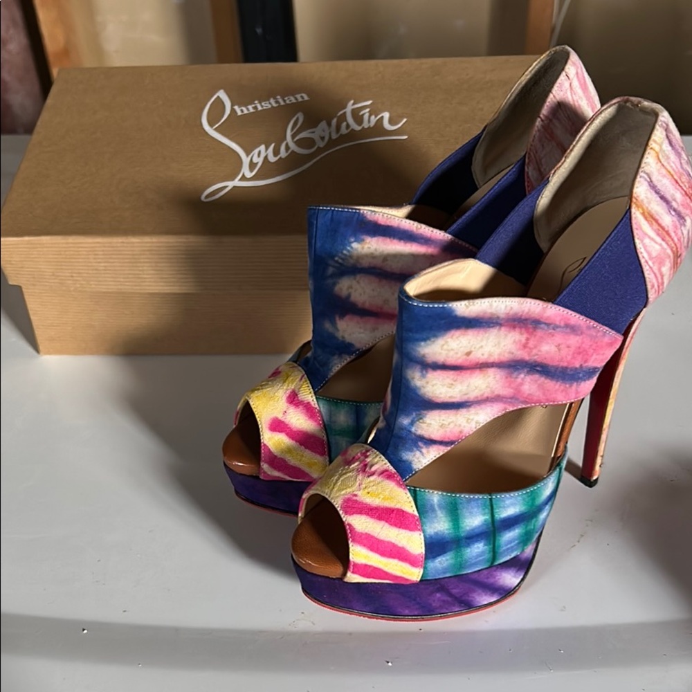 Christian Louboutin Red and Pink Strappy Platform Heels